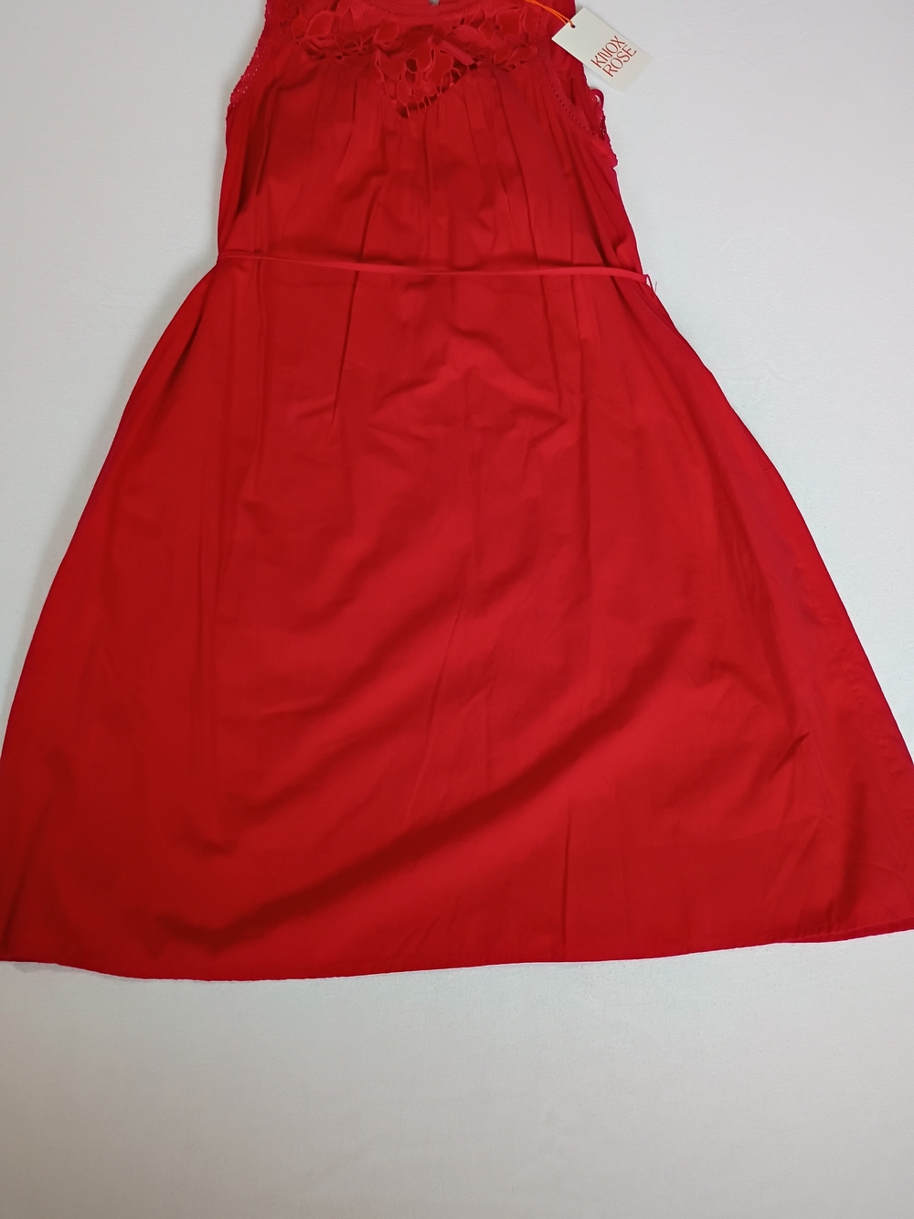 Knox Rose NWT Red Sleeveless Midi Dress Crochet Lace Yoke Tie Waist Small - Picture 3 of 13